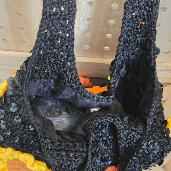 FLR PWR Upcycled Sunflower Hobo bag coin purse black sequin yellow orange - Picture 9 of 17